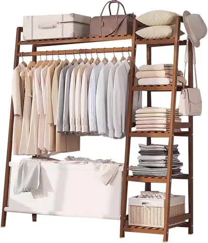 Miniatura 10 de Bamboo Coat Rack with Storage Rack,Freestanding Clothes Rack with Storage Bag,Wood Closet Shelf with Hanging Rod,Clothes Storage Organizer