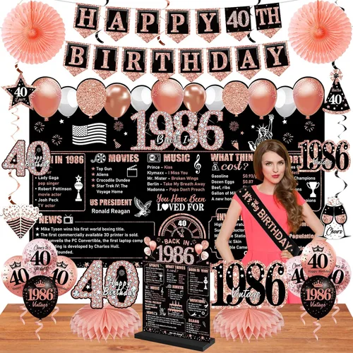 Decoraciones de cumpleaños número 40 para mujer, 25 piezas de pancarta de feliz cumpleaños número 40 color negro y rosa dorado vintage 1986 telón de