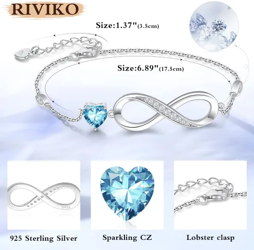 Miniatura 5 de RIVIKO Pulsera con dije de símbolo de corazón de amor infinito para mujer, plata de ley 925, ajustable, cumpleaños, día de San Valentín, Navidad