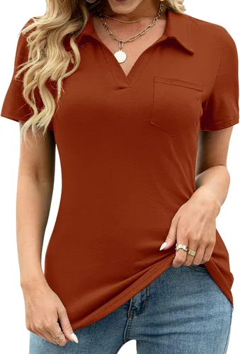 AKEWEI Camisas tipo polo con cuello en V para mujer, manga corta, tops con cuello, holgadas, casuales, túnicas tipo blusa con bolsillo