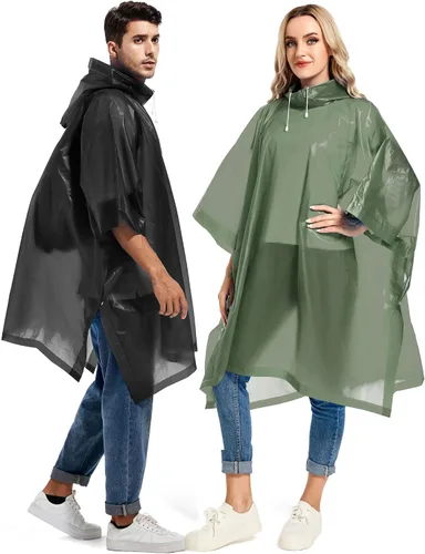 Miniatura 79 de Paquete de 2 ponchos de lluvia para adultos, reutilizables, impermeables, de supervivencia, emergencia, resistente, con capucha con cordón