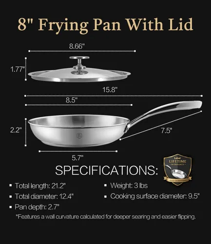 Miniatura 9 de Sartén de acero inoxidable de 8 pulgadas con tapa, base revestida de 5 capas, sartenes seguras de 800 ℉ para calefacción uniforme, utensilios
