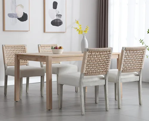 Miniatura 8 de Juego de 2 sillas de comedor de granja, sillas de comedor tapizadas con respaldo tejido a mano, asiento acolchado suave y patas de madera Beige