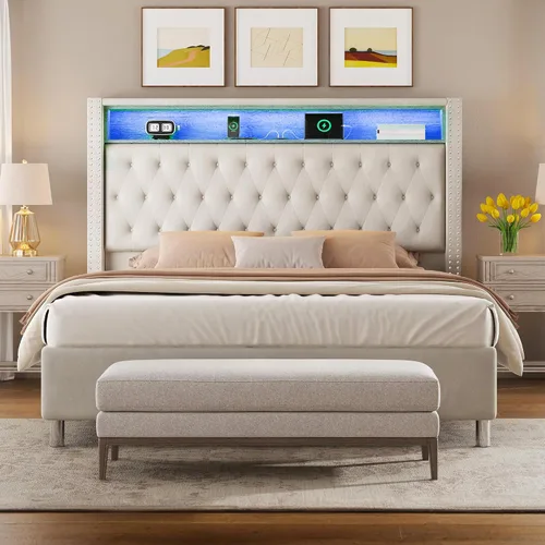 Miniatura 8 de Jocisland Marco de cama tamaño Queen de 53.2 pulgadas con cabecero de almacenamiento alto, luces LED y estación de carga, cama plataforma