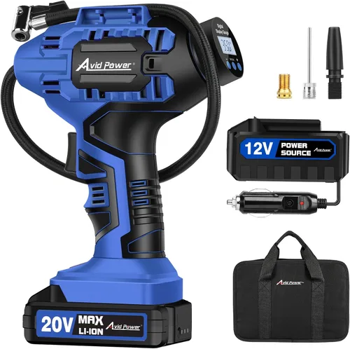 Miniatura 7 de Avid Power Compresor de aire inalámbrico para inflador de neumáticos, bomba de neumáticos de automóvil de 20 V con adaptador de 12 V CC, compresor