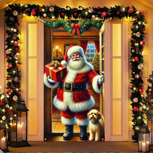 Miniatura 8 de BlissYard Cubierta de puerta de Feliz Navidad de 71 x 35 pulgadas, pancartas para puerta de porche delantero, decoración de invierno, Papá Noel