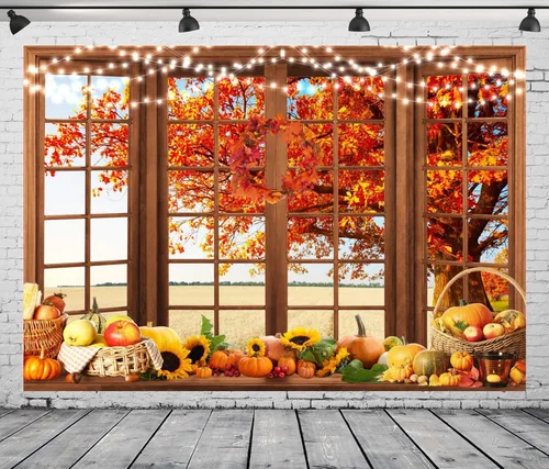 Miniatura 6 de Fondo de ventana de otoño para el día de Acción de Gracias, calabaza, hojas de árbol de arce, decoración de fiesta temática, cosecha de calabaza