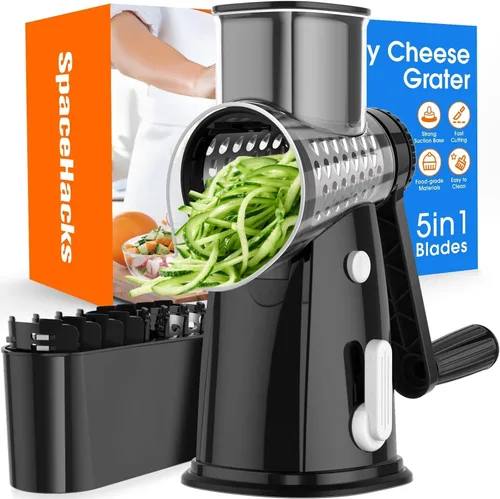 Rallador giratorio de queso con manivela manual con 5 cuchillas intercambiables, picadora de verduras, rebanadora espiralizadora para frutas, Negro