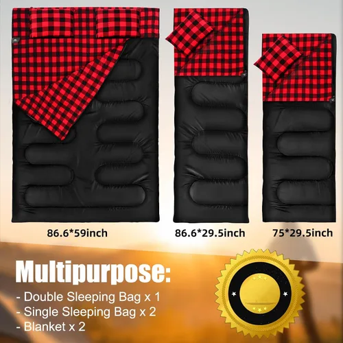 Miniatura 2 de Saco de dormir doble de franela para adultos y niños, tamaño Queen para 2 personas con 2 almohadas, saco de dormir para clima cálido y frío