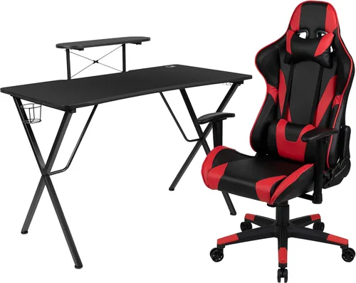 Miniatura 77 de Flash Furniture Juego de escritorio para juegos negro y silla de carreras blanco/negro con soporte para tazas, gancho para auriculares y soporte