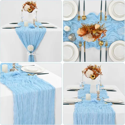 Miniatura 3 de 10 piezas de camino de mesa de estopilla en azul bebé 10 pies, camino de mesa de gasa para recepción de boda, despedida de soltera, fiesta