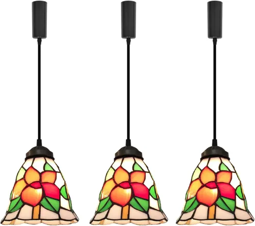 Kiven Iluminación de riel tipo H, luz colgante de pista de halo de 3 luces con pantalla de vidrio colorido, pedante de luz de pista vintage longitud