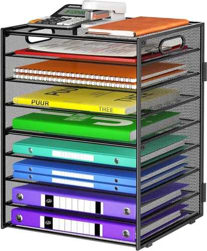 Cawukege Organizador de papel de 9 niveles con asa, organizador de escritorio de gran capacidad, carpeta de archivos de malla, bandeja de papel para