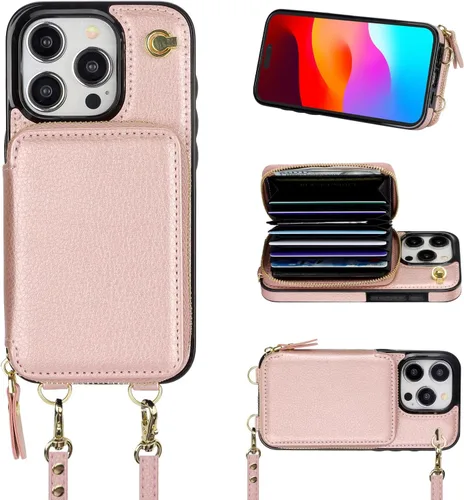 Miniatura 11 de Bocasal Funda tipo cartera cruzada para iPhone 15 Pro, funda de piel con bloqueo RFID y soporte para tarjetas, funda protectora con cremallera