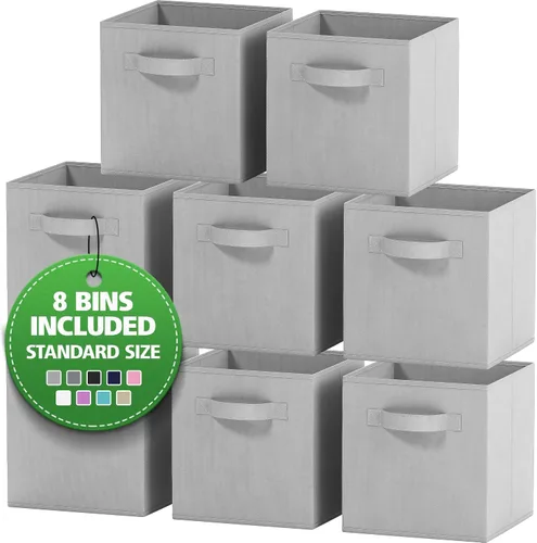 Miniatura 13 de Juego de 8 cubos de almacenamiento cestas plegables de tela con asas duales. Cubos de almacenamiento Organizador de estantes de armario Blanco