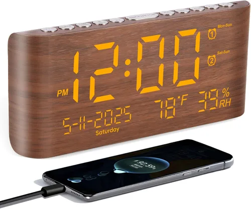 PPLEE Reloj despertador digital de 8.7 pulgadas para dormitorio, reloj digital con día de la semana, mes, año, humedad y temperatura, brillo,