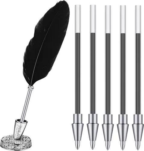 Miniatura 8 de Bolígrafo de plumas y soporte de bolígrafo de metal vintage, tinta negra, pluma de plumas vintage con 5 piezas de repuesto para boda, firma