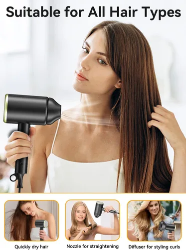 Miniatura 6 de Secador de pelo, secador iónico de 150000 rpm, secado rápido, bajo ruido, plegable portátil con difusor y boquilla, mini compacto para mujeres
