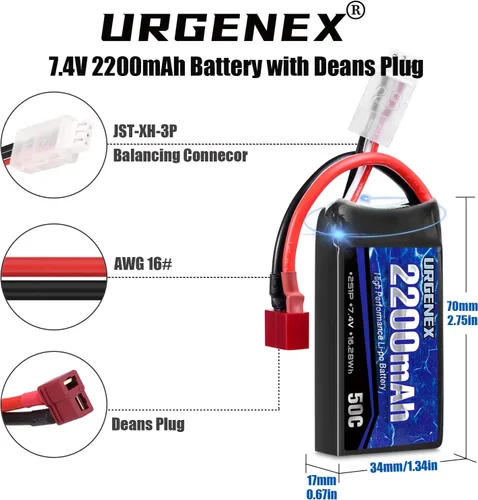 Miniatura 3 de Batería Lipo de 7.4 V 2200 mAh 50C (burst 80C) Baterías RC de alta tasa de descarga con enchufe T estilo Dean para RC Car Truggy, RC Airplane, FPV