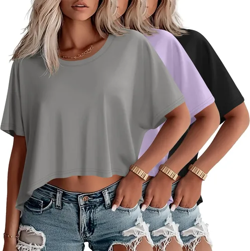 Miniatura 13 de Huukeay Paquete de 3 camisetas recortadas de gran tamaño para mujer, manga corta, holgadas, cuello redondo, holgadas, para entrenamiento