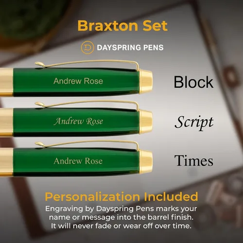 Miniatura 3 de Set de bolígrafo y pluma rodante Braxton personalizado - Acabado de laca verde con ribete dorado. Juego de regalo chapado en oro de 18 quilates