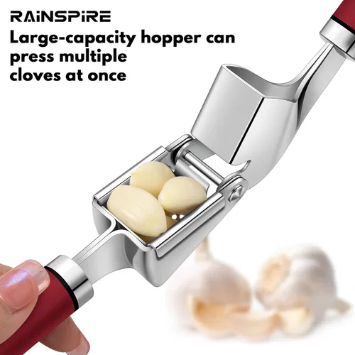 Miniatura 4 de Rainspire Prensa de ajo de acero inoxidable de alta calidad, herramienta para picar ajos, herramienta trituradora de ajo, trituradora de ajos, Rojo