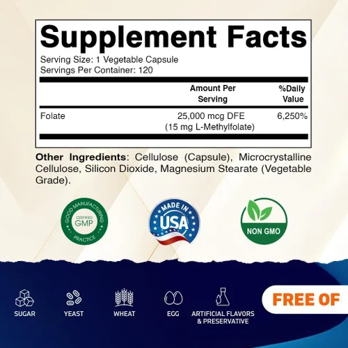 Miniatura 2 de Vitamatic Folato de metilo 15mg – 120 cápsulas vegetales optimizadas y activadas de alta potencia – Folato metabólicamente activo