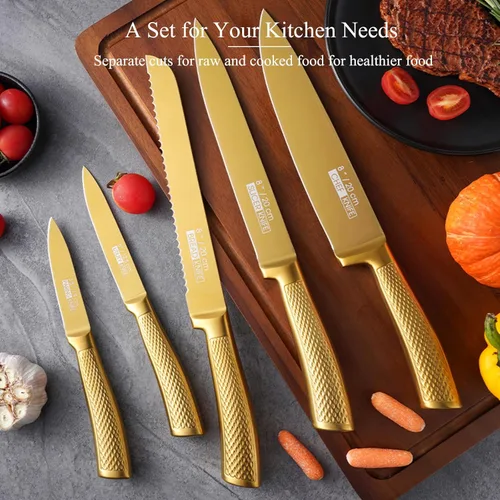 Miniatura 8 de Juego de cuchillos de cocina dorados de lujo con bloque de madera, 8 cuchillos de chef con revestimiento de titanio, aptos para lavavajillas