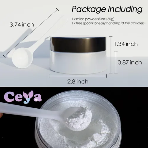 Miniatura 4 de Ceya Polvo de Mica de Interferencia, 50g/1.8oz Polvo de Uñas Cromado Blanco Hielo, Pigmento de Efecto Perlescente de Cambio de Color de Grado