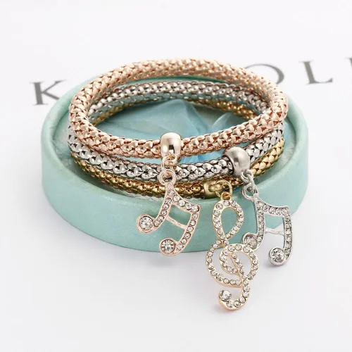 Miniatura 3 de Juego de 3 pulseras elásticas multicapa con forma de mariposa, corazón y llave, corona, pulseras de abalorios de cristal, pulsera de oro, plataoro