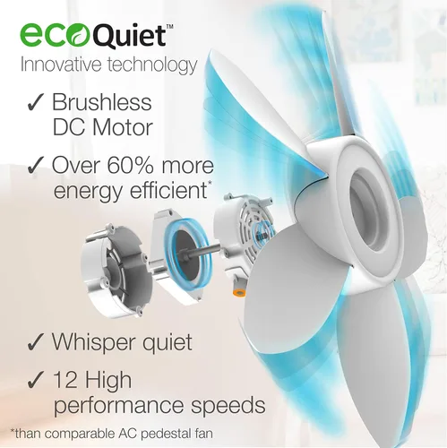 Miniatura 3 de Lasko EcoQuiet - Ventilador de pedestal oscilante con motor silencioso de corriente continua, 12 velocidades, temporizador de 8 horas, altura