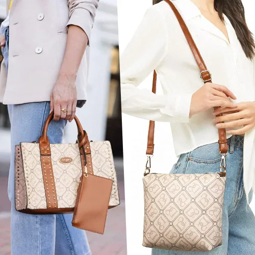 Miniatura 2 de Dasein - Bolsos y carteras de mano para mujer, set de bolso tipo bandolera con asa superior, 3 piezas Beige monograma