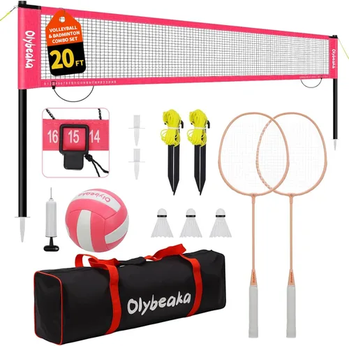 Miniatura 11 de Juego de red combinada de voleibol y bádminton al aire libre de 20 pies para patio trasero y playa con postes ajustables, red duradera