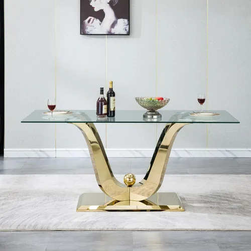 Miniatura 2 de Mesa de comedor moderna de vidrio de 70 pulgadas para 6-8, mesa de comedor de cristal dorado de lujo con base de acero inoxidable en forma de flores