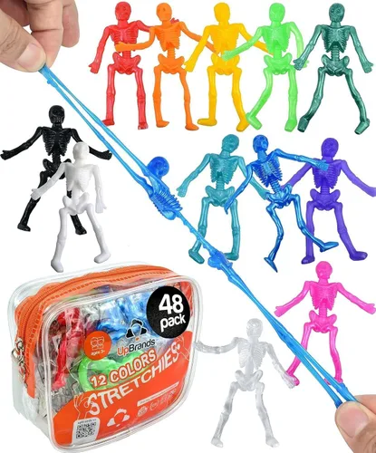 UpBrands Recuerdos de fiesta de Halloween – 48 juguetes de esqueleto elásticos – Relleno de bolsas de golosinas sin dulces, mini esqueleto aterrador