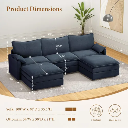 Miniatura 2 de Vesgantti Sofá modular en forma de U de 108 pulgadas, cómodo sofá modular Cloud con 2 otomanas de asiento profundo de chenilla, sofás modulares