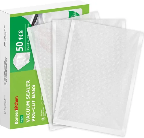 Bonsenkitchen Bolsas selladoras al vacío precortadas, 50 bolsas selladoras de alimentos de 6" x 9" tamaño pinta, grado alimenticio, sin BPA,