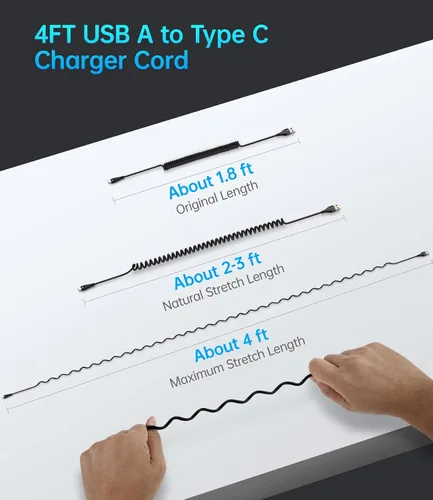 Miniatura 6 de Cable USB C de carga rápida, paquete de 2 cables de carga USB A a USB C en espiral de 3 pies para automóvil, cable de carga USB-C compatible
