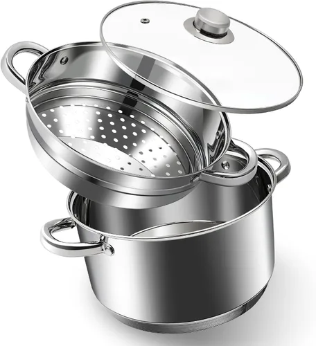 Miniatura 9 de AuFranc® olla de 4 cuartos de acero inoxidable 18/10 de tres capas con tapa de vidrio templado y vaporera, olla a vapor multiusos compatible