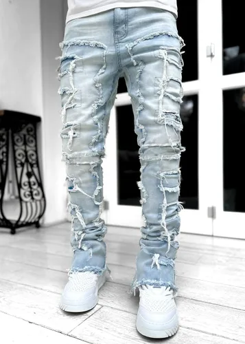 Miniatura 2 de LouVasabuce Pantalones de mezclilla desgastados desgastados y desgastados para hombre, corte recto, ajuste regular, pantalones de mezclilla apilados