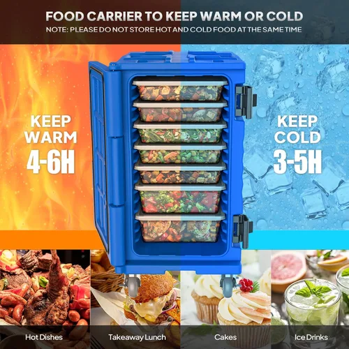 Miniatura 3 de ROVSUN Caja Calentadora de Alimentos, Porta Comida Aislada con Ruedas Bloqueables Dobles Hebilla y Asas, Cajas Calientes Apilables para Restaurante