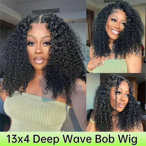 Miniatura 5 de Pelucas cortas de 10 pulgadas estilo Bob 13x4 con ondas profundas, peluca de pelo humano estilo Bob con encaje frontal HD de 200% de densidad
