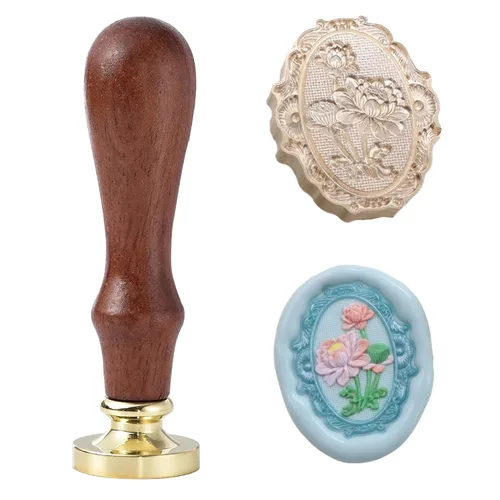 Miniatura 25 de Sello de cera – Sello de cera de sellado de semillas de loto, sello floral y vegetal, cabeza de sello de flor de loto ovalada para tarjetas, sobres