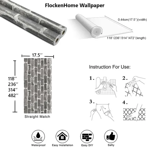 Miniatura 4 de Rollo de papel tapiz plano de piedra de ladrillo sintético de 17.5 x 472 pulgadas, para decoración de pared, para pegar en puertas, encimeras, Gris