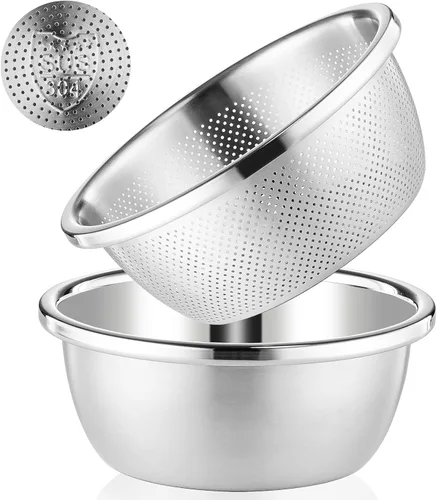 Miniatura 10 de Colador de Acero Inoxidable 304 de 2QT Colador Microporoso y Tazón de Mezcla para Cocina, Colador de Arroz con Cuenco de Lavado para Colar Pasta