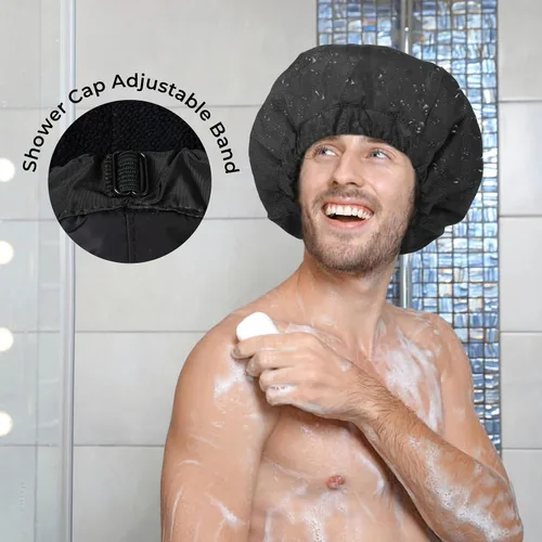 Miniatura 4 de Gorro de ducha para hombre, gorro de baño negro, reversible, con forro de rizo, grande, impermeable, ajustable, banda elástica, dobladillo elástico