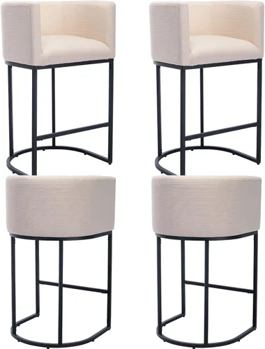 Miniatura 40 de Taburete de bar de lino de 32 pulgadas, taburete moderno de altura de barril con brazo, silla de mostrador tapizada, marco de metal negro para isla