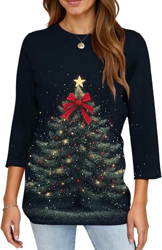 Miniatura 117 de Camisetas de manga 3/4 para mujer, cuello redondo, holgadas, casuales, con estampado floral, camisetas de moda para el trabajo de negocios