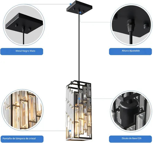 Miniatura 4 de Iluminación colgante color negro, lámpara colgante moderna, mini candelabros de cristal, lámpara colgante ajustable para cocina, isla, comedor