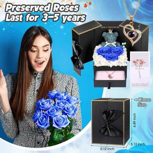 Miniatura 6 de AddWel Regalos de rosas para mujer, rosas azules reales preservadas con collar I Love You en 100 idiomas y lindo oso de musgo para novia, esposa